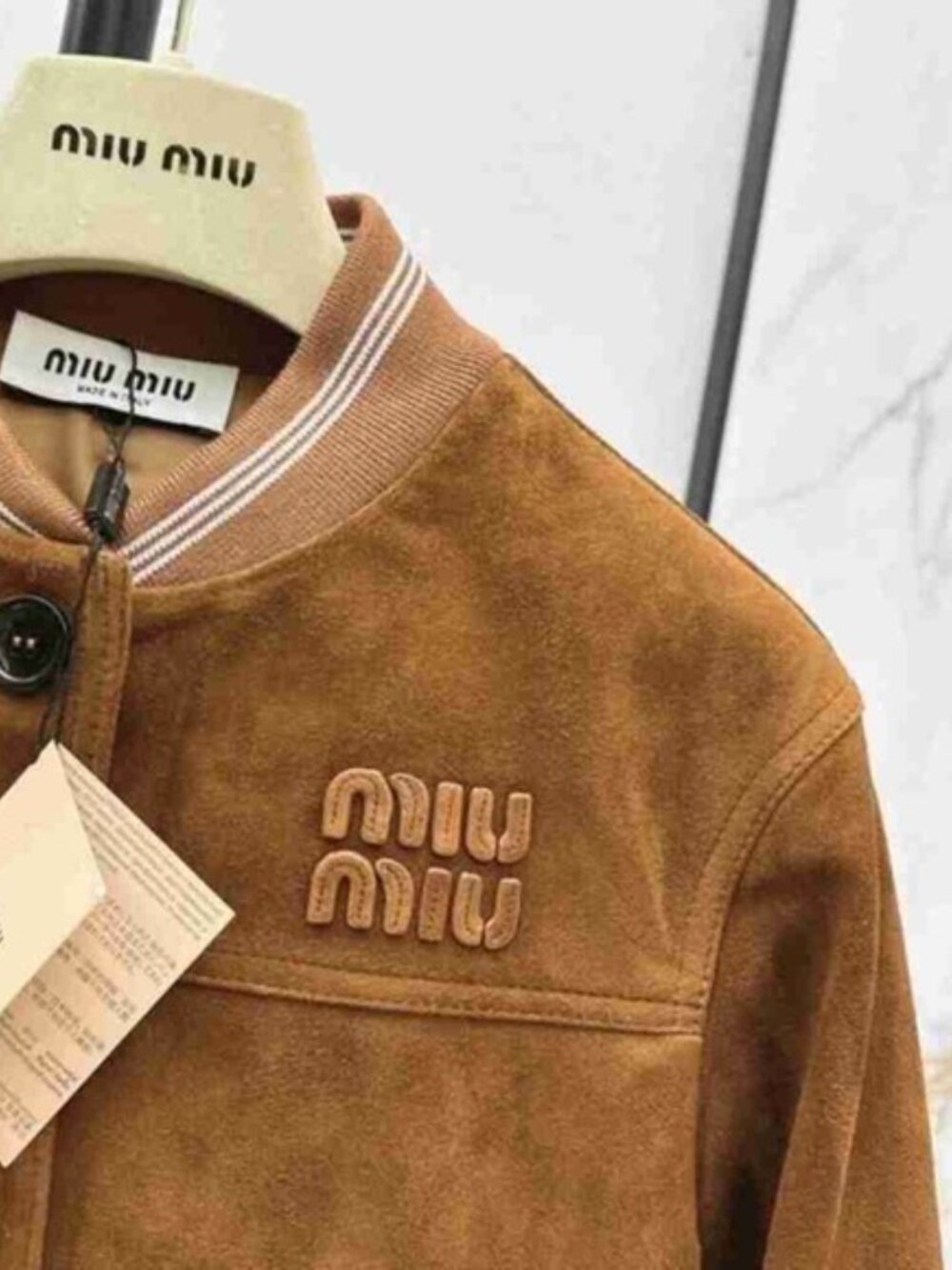 Miu Miu Brown Suede Cropped Bomber Jacket Logo Button Front Pockets - Picture 4 of 7